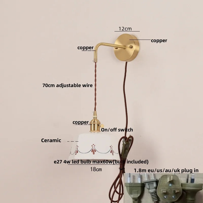 Afralia™ Ceramic LED Wall Lamps Pull Chain Switch Rotate Copper Vanity Light