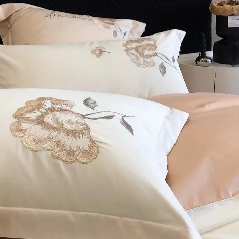 Afralia™ Flowers Embroidery Cotton Bedding Set Duvet Cover Flat Sheet Pillowcases 4Pcs