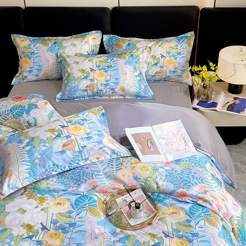 Afralia™ Summer Ice Silk Printed Bedding Set with Lace - Cooling Quilt, Duvet Cover, Pillowcases & Bed Sheet