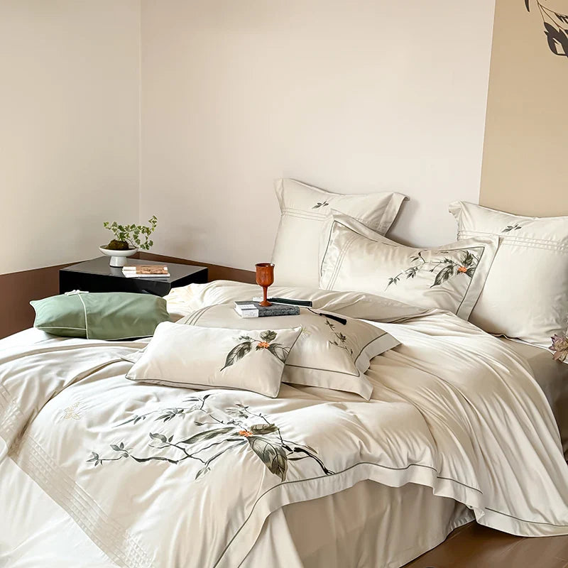 Afralia™ Deluxe Lyocell Cotton Embroidery Bedding Set - Soft, Silky, Breathable Luxury Bed Set