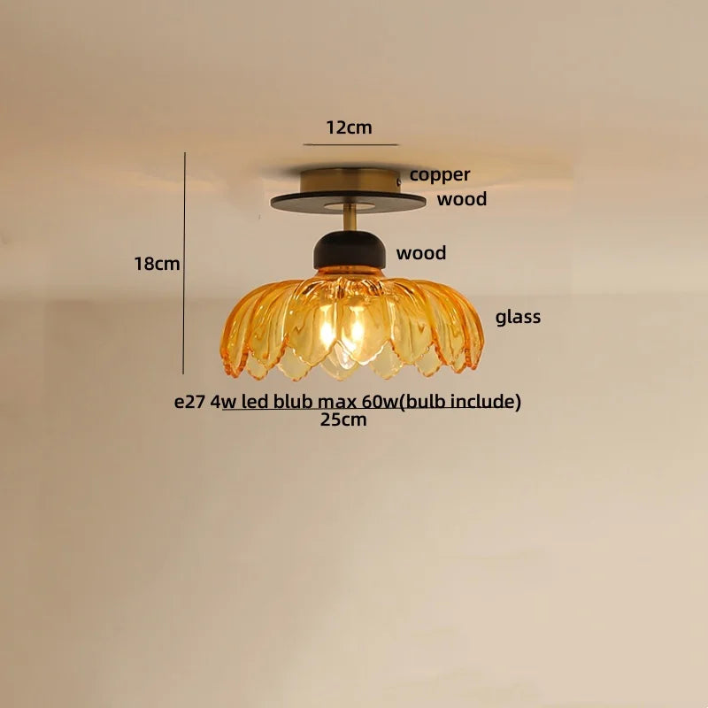 Afralia™ Nordic LED Ceiling Light Amber Glass Wood Brass Flush Mount Lamp