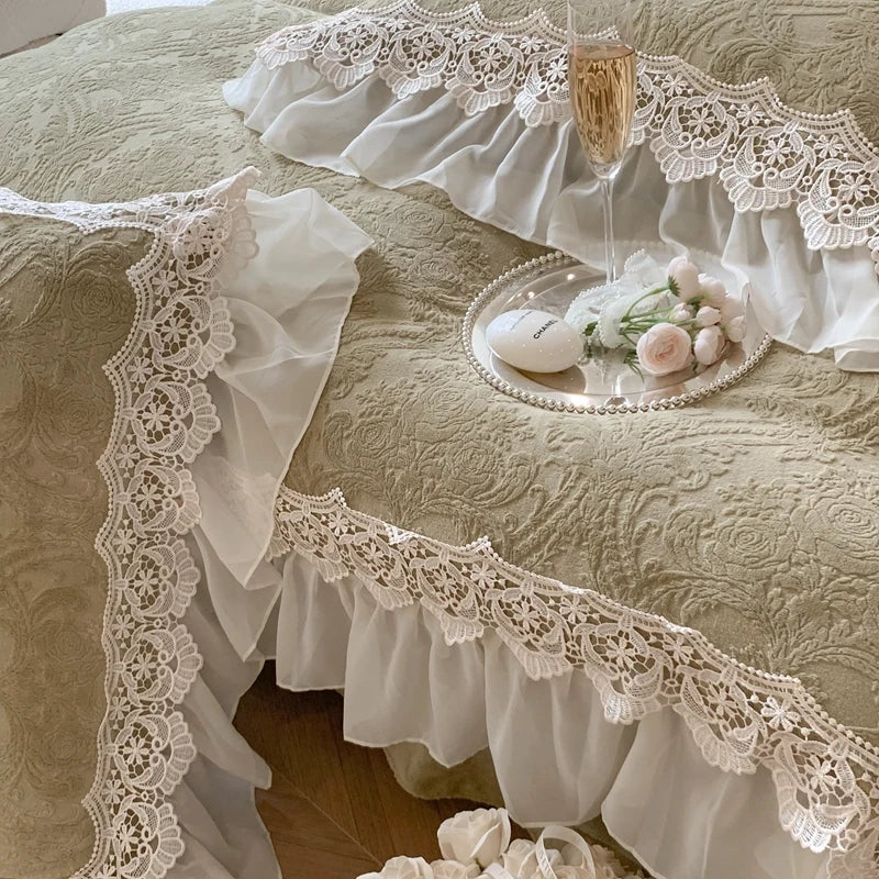 Afralia™ French Lace Ruffles Velvet Bedding Set, Furry Duvet, Sheet, Pillowcases