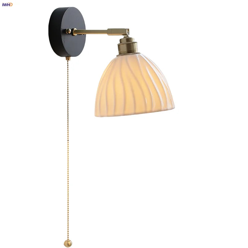 Afralia™ White Ceramic LED Wall Lamp Wood Canopy Sconce Reef Pull Chain Switch