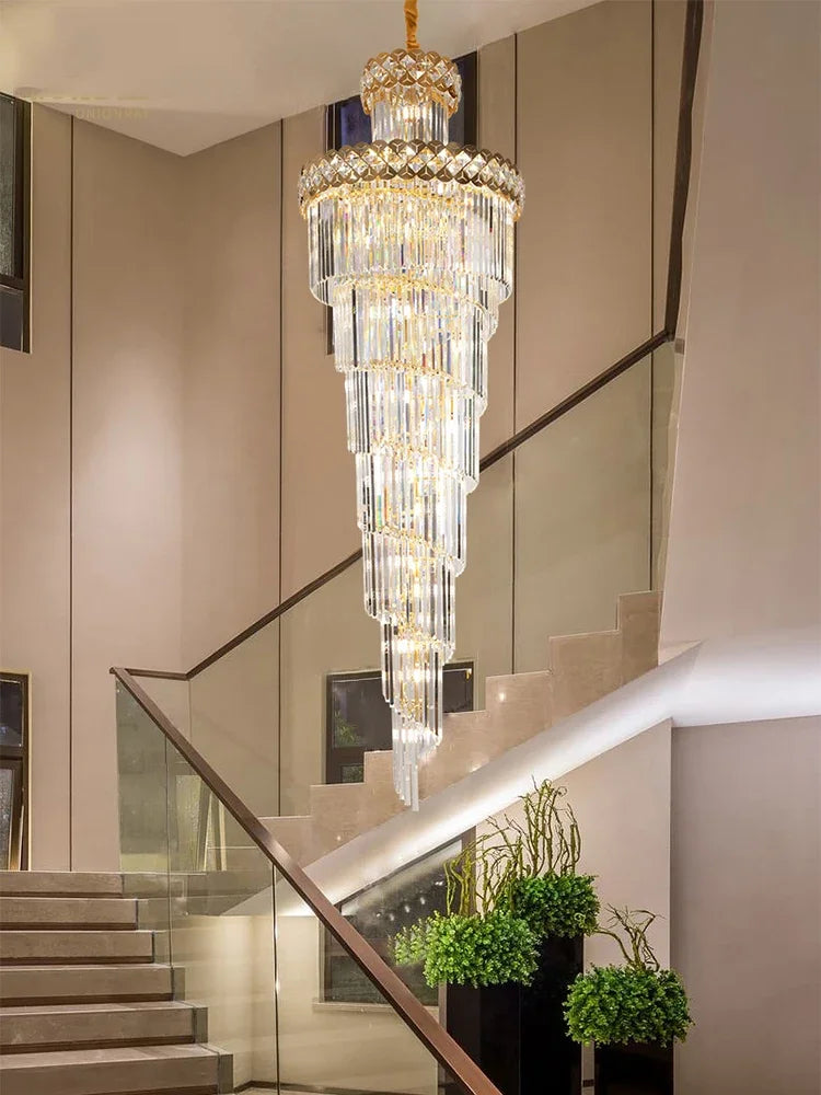 Afralia™ Gold Stainless Steel Crystal Chandelier Pendant Light for Large Home, Staircase Glam