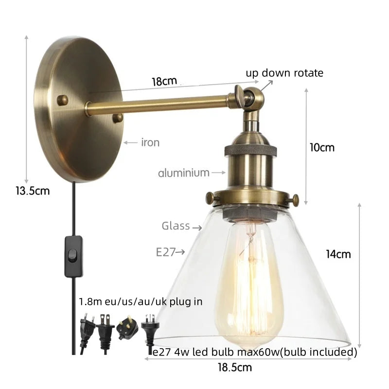 Afralia™ Clear Glass Iron LED Wall Sconce Rustic Industrial Vintage Plug In Light