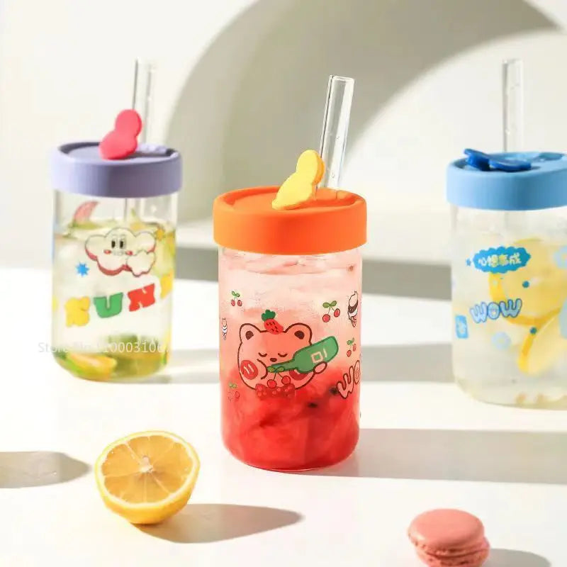 Afralia™ Cartoon Glass Cup with Lid & Straw - 600ml Drinkware