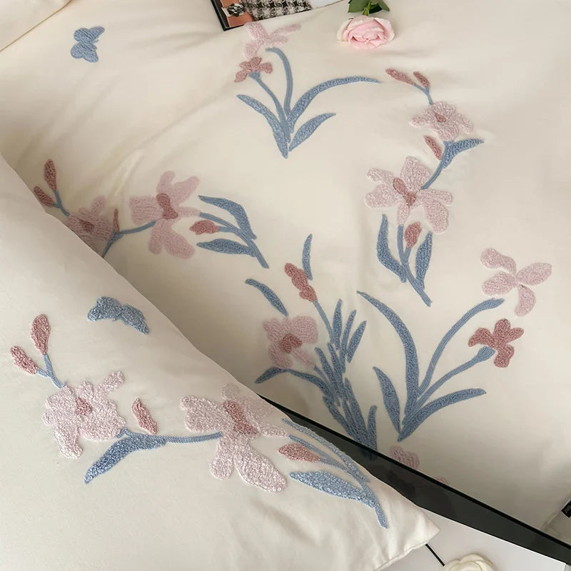 Afralia™ Elegant Flower Embroidery Cotton Bedding Set - Single Queen King Sizes