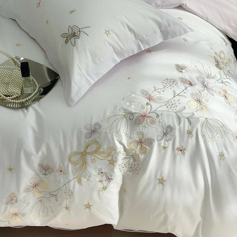 Afralia™ Princess Flower Bow Angel Embroidery Bedding Set