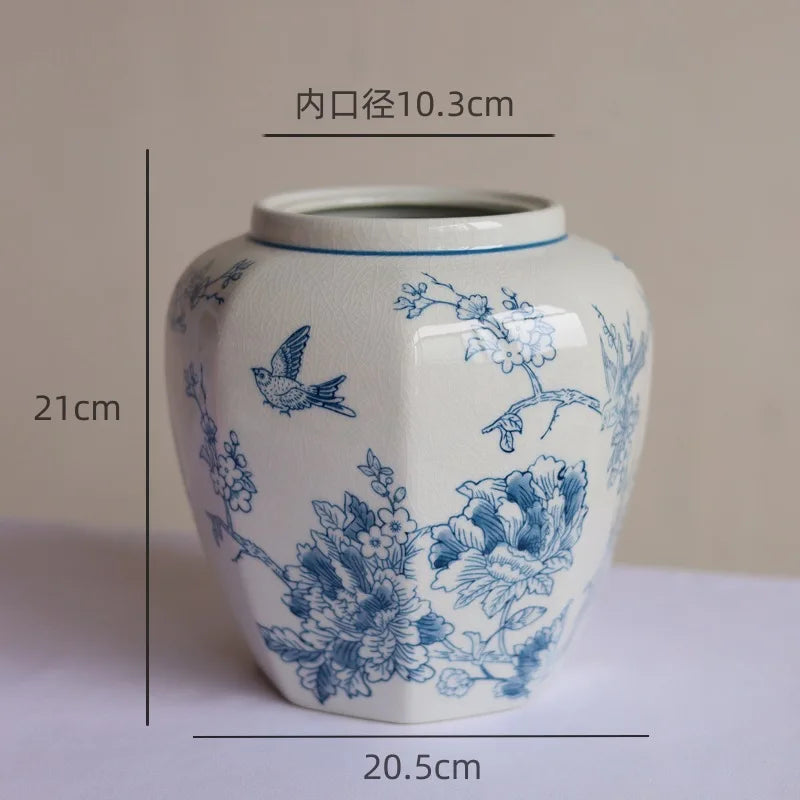 Afralia™ Blue White Porcelain Vase Vintage Ceramic Flower Home Decor Jar