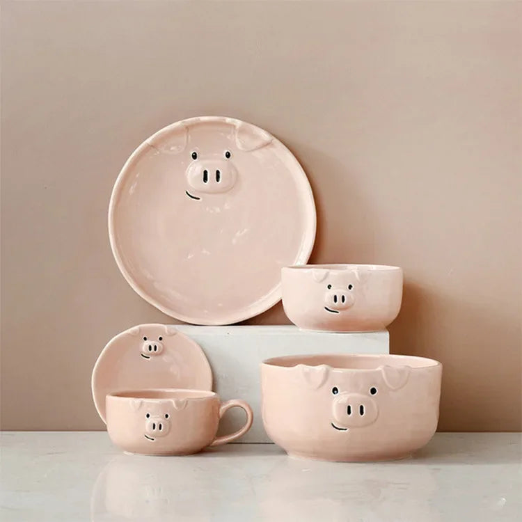 Afralia™ Pink Pig Ceramic Breakfast Plate Set | European Cute Nordic Kitchen Dishes
