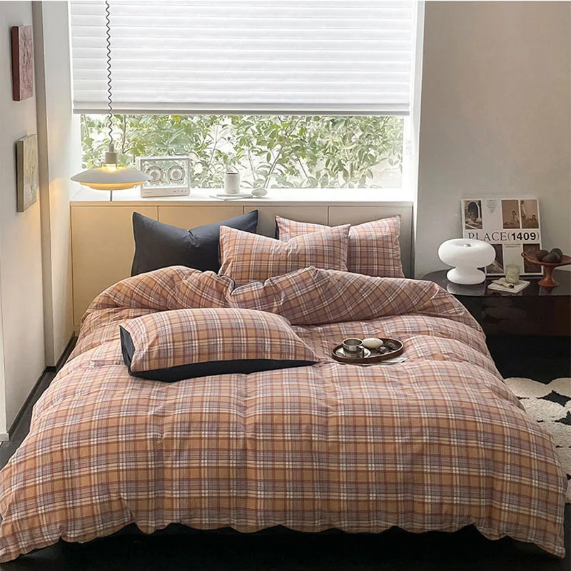 Afralia™ Plaid Cotton Bedding Set: Soft & Cozy Queen Single Fitted Sheet, Quilt Cover, Pillowcase