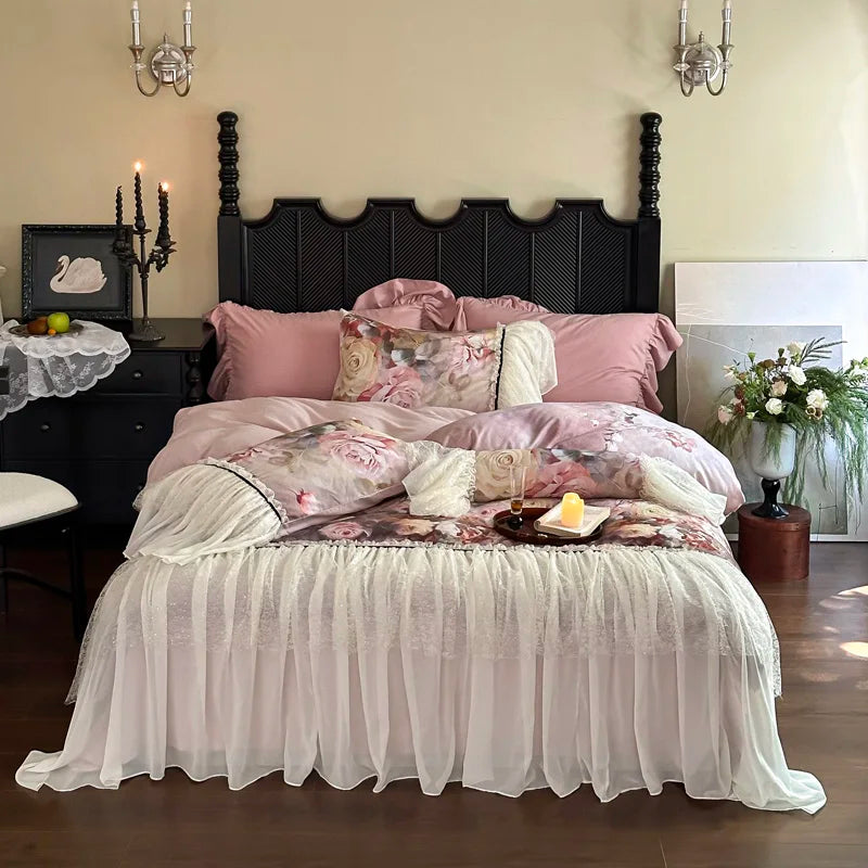 Afralia™ Double Lace Ruffles Egyptian Cotton Thickened Bedding Set - Duvet Covers, Sheet, Pillowcases