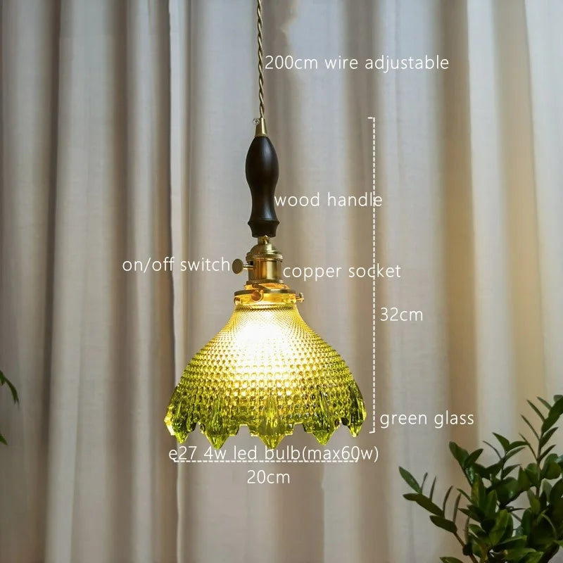 Afralia™ Japanese Style Green Glass LED Pendant Chandelier for Home Decor