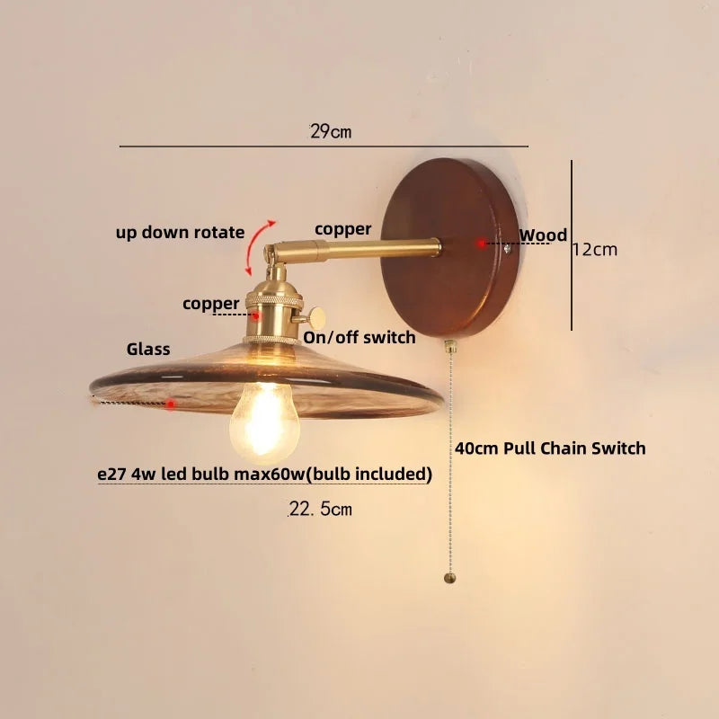 Afralia™ Walnut Wood LED Wall Light Nordic Modern Glass Pull Chain Switch