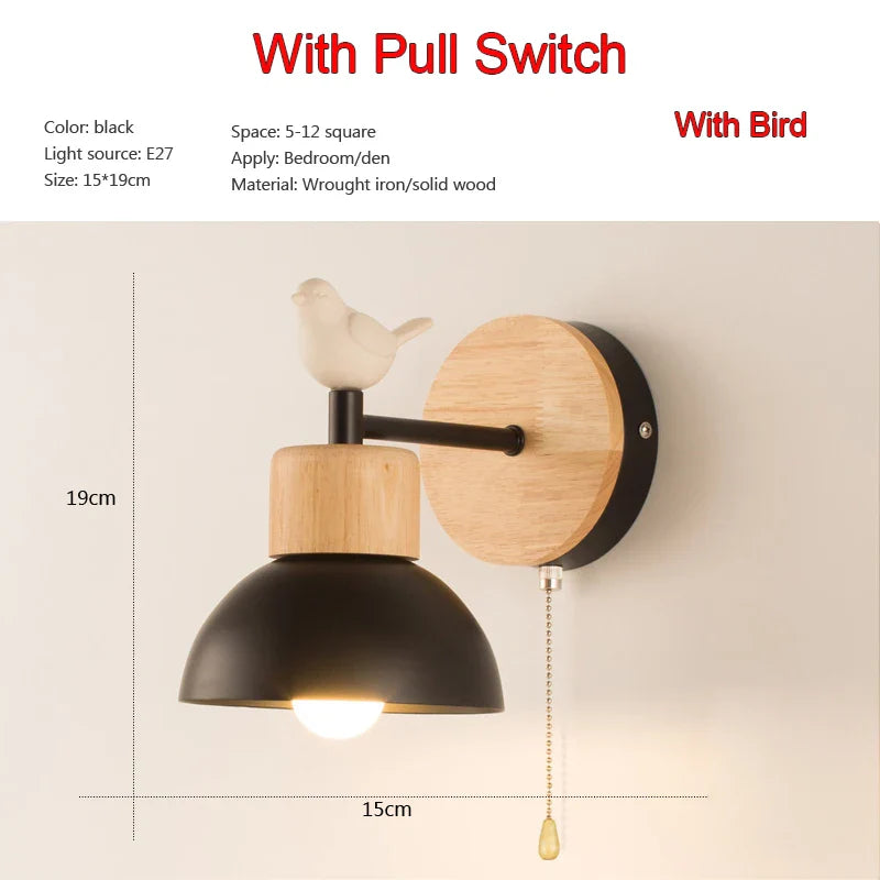 Afralia™ Nordic Wood LED Wall Lamp Creative Lighting Sconce for Bedroom Bird Room