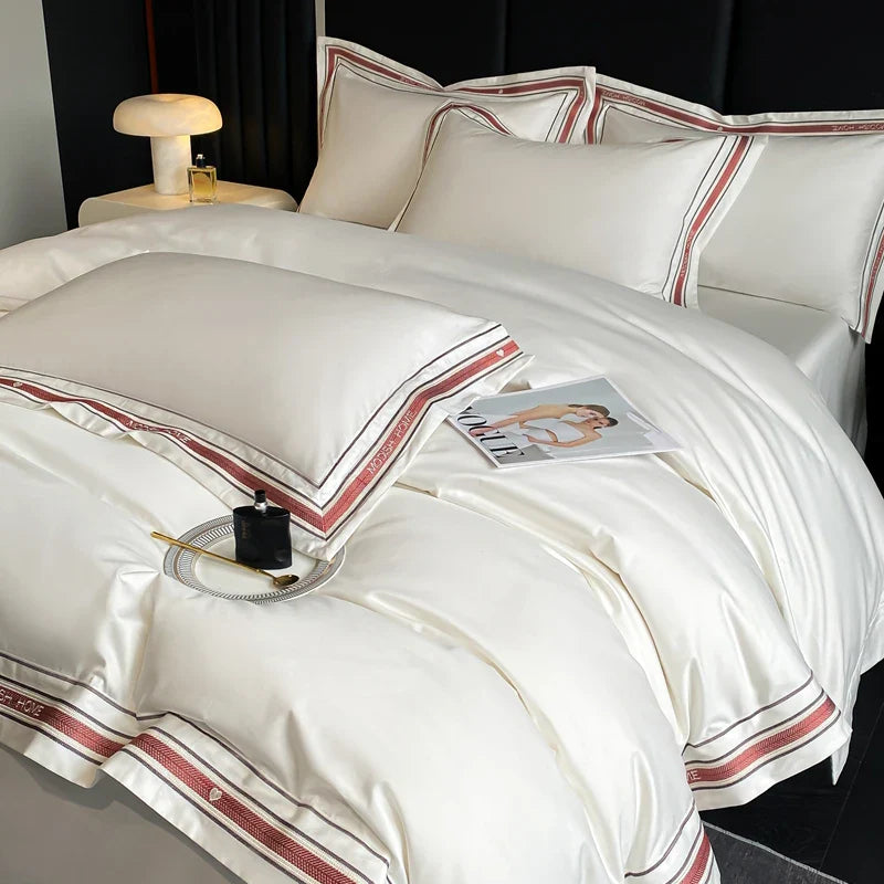 Afralia™ Solid Embroidery Bedding Set - King Queen Ru Size Bed Linens Comforter Cover Set