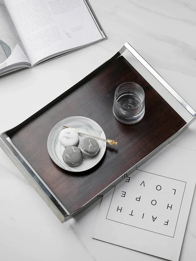 Afralia™ Nordic Tea Tray: Stainless Steel & Walnut Wooden Food Plate