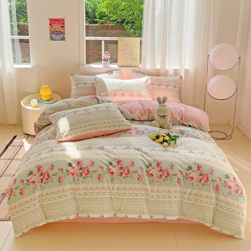 Afralia™ Snowflake Velvet Cute Cartoon Flower Bedding Set for Single Queen