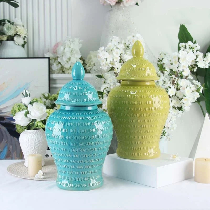 Afralia™ Checkmate Porcelain Ginger Jar with Rose Relief, Storage & Vase