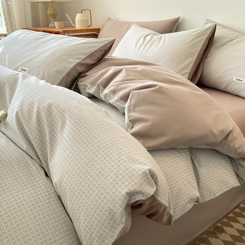 Afralia™ Grid Printed Cotton Fitted Sheet Set - Double-Sided Mix Color Quilt Cover