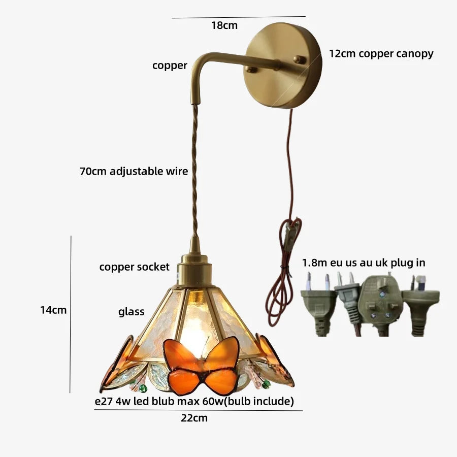 Afralia™ LED Butterfly Glass Wall Lamp Sconce with Pull Chain Switch