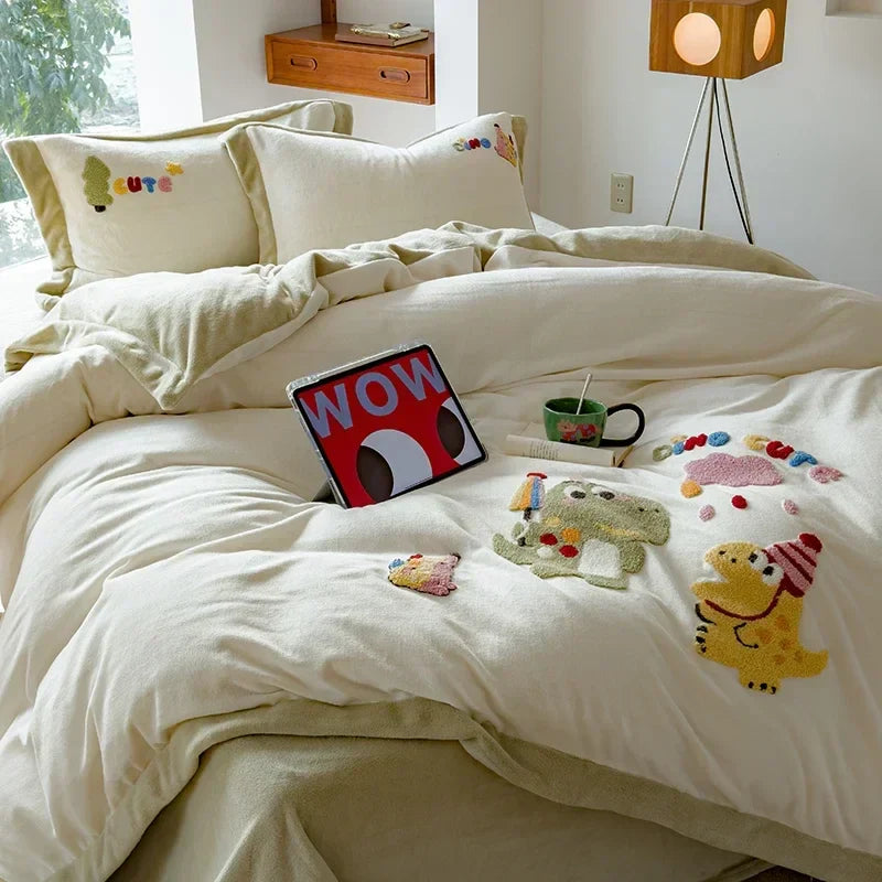 Afralia™ Embroidered Milk Fleece Winter Bedding Set for Warmth & Cozy Comfort