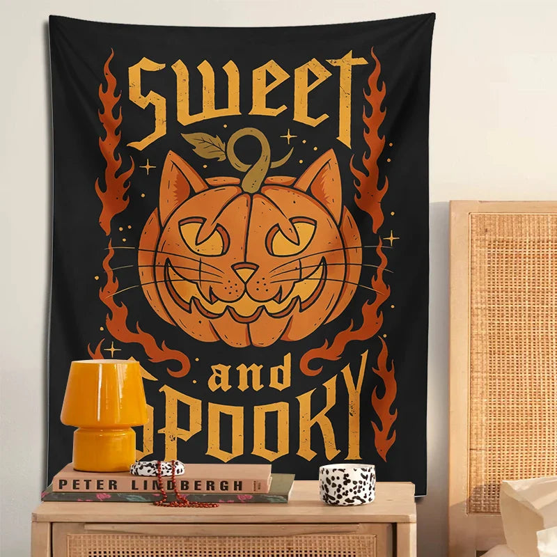 Afralia™ Halloween Cat Tapestry Wall Hanging for Sweet & Spooky Home Decor