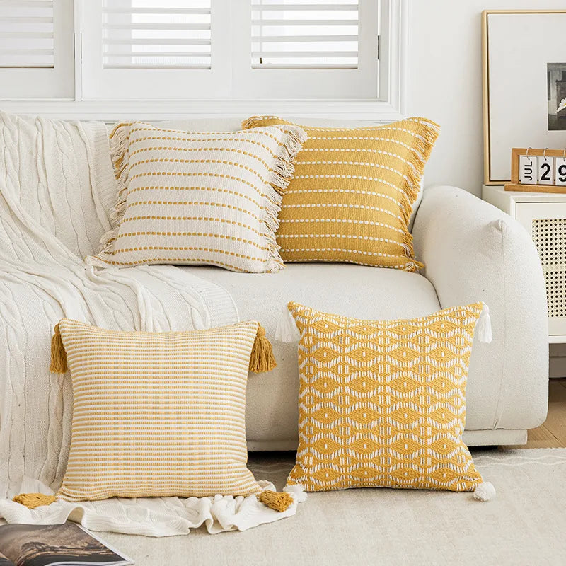 Afralia™ Geometric Tufted Cushion Cover with Crochet Tassels - Nordic Yellow Striped Pillow Cover