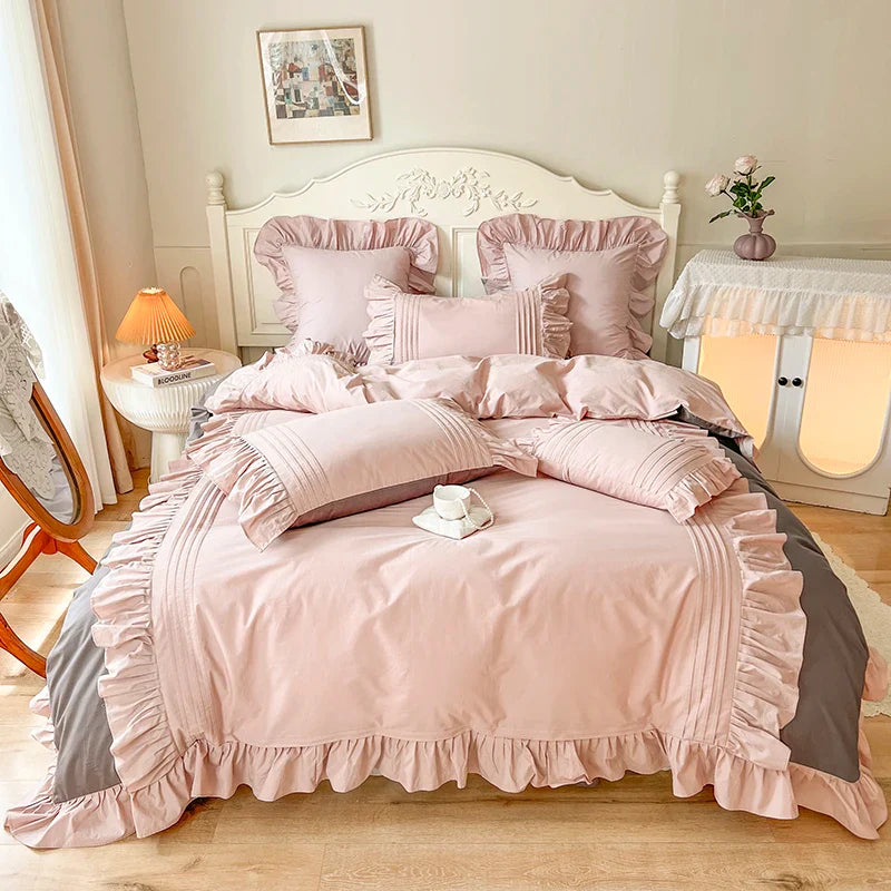Afralia™ Pink Korean Princess Pleat Ruffles Cotton Bedding Set - 3/4Pcs