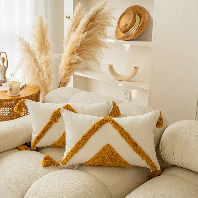 Afralia™ Golden Yellow Geometric Tufted Tassel Cushion Cover - Modern Boho Home Decor