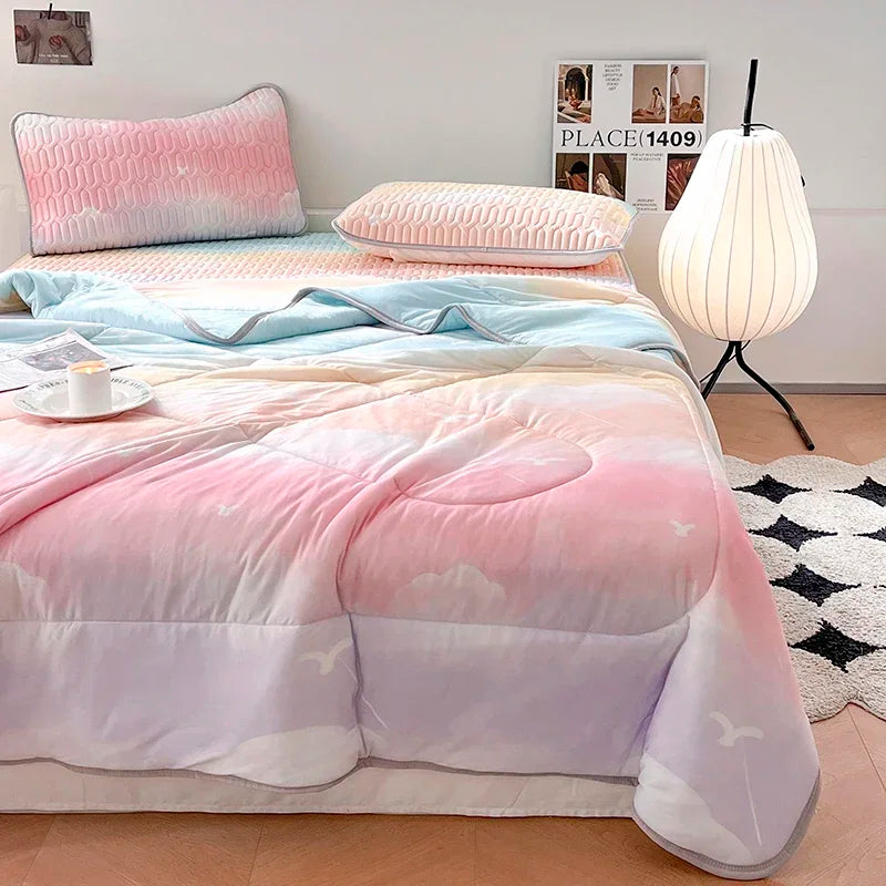 Afralia™ Cool Feeling Silky Summer Comforter & Latex Fitted Sheet Set