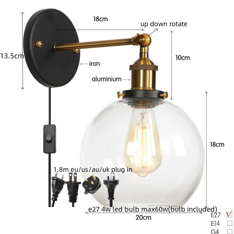 Afralia™ Vintage Globe Glass LED Wall Lamp for Living Room Porch Industrial Bedside