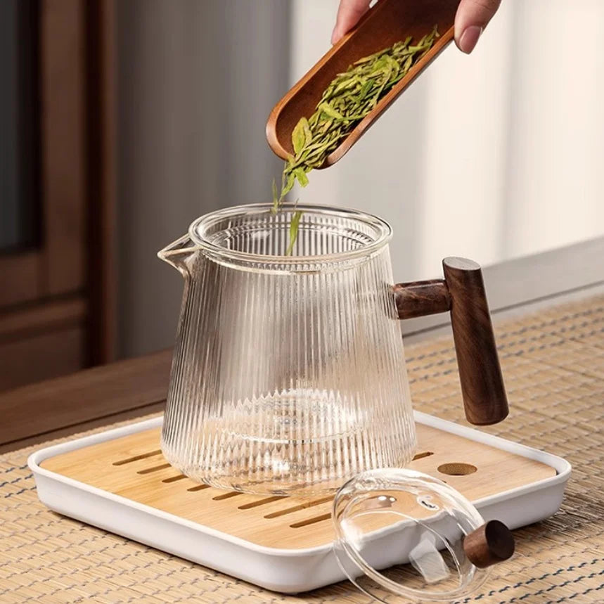Afralia™ Glass Teapot 900ML with Wooden Handle for Puer Kung Fu Tea