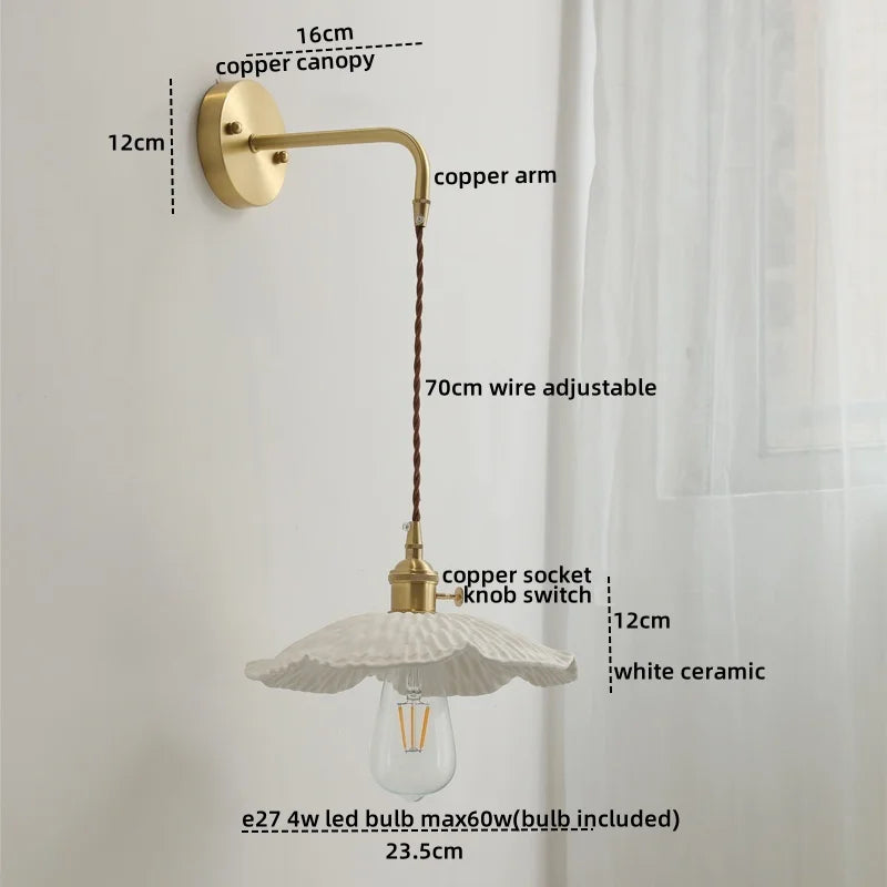 Afralia™ Copper Ceramic LED Wall Light Pull Chain Switch Modern Bedroom Lamp