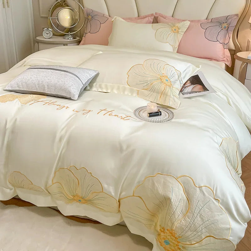 Afralia™ Embroidered Egyptian Cotton Bedding Set for King Queen RU Bed Linens