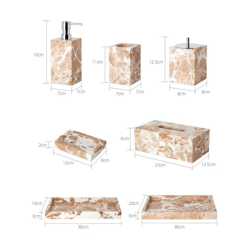 Afralia™ Coral Pink Marble Bathroom Accessories Set: Dispenser, Dish, Holder, Tissue Box, Tray
