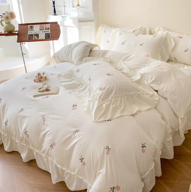 Afralia™ Rose Flowers Ruffle Lace Bedding Set, Washed Cotton Duvet Cover, Skin Friendly