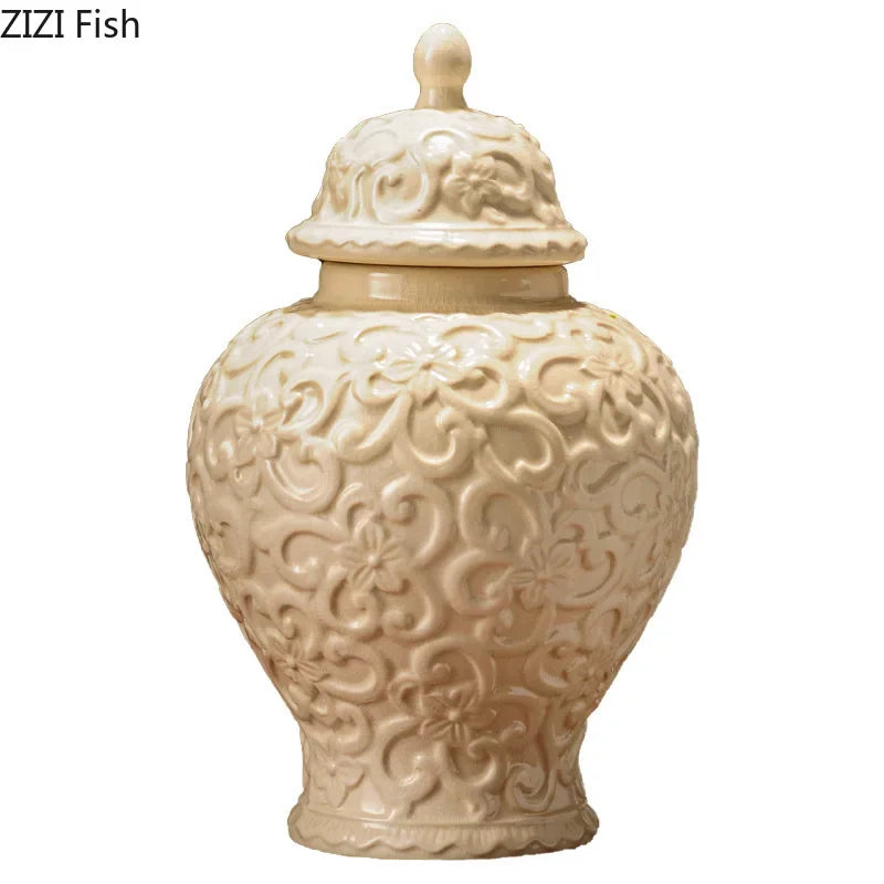 Afralia™ Flower Relief Ceramic Vase General Jar for Table Decoration and Floral Arrangement