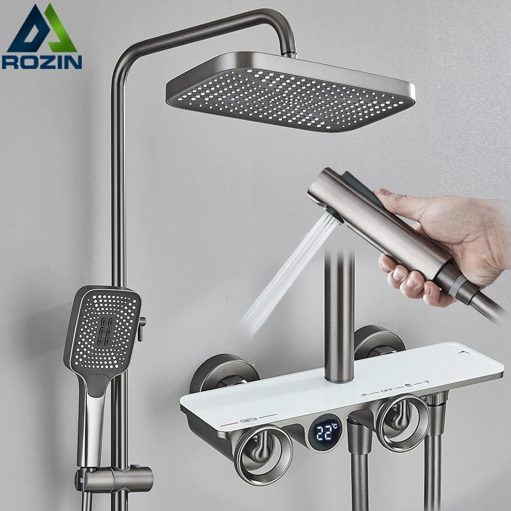 Afralia™ Grey Thermostatic Digital Shower Faucet Set with Rainfall System