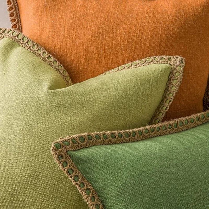 Afralia™ Saga Green Accent Cushion Covers Set: Luxury Soft with Burlap Trim, Tailored Edges