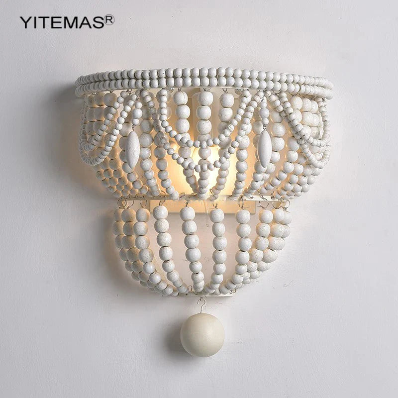 Afralia™ White Wooden Beads Wall Lamp - Modern Living Room Bedroom Sconce