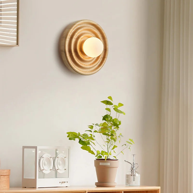 Afralia™ Round Ash Wood Wall Lamp LED Light Dark Wood Color Sconce