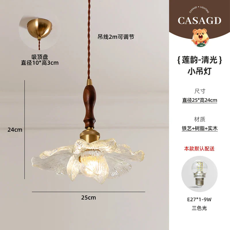 Afralia™ Walnut Wood Petal Pendant Lamp - Three Headed Lotus Rhyme Table Lamp