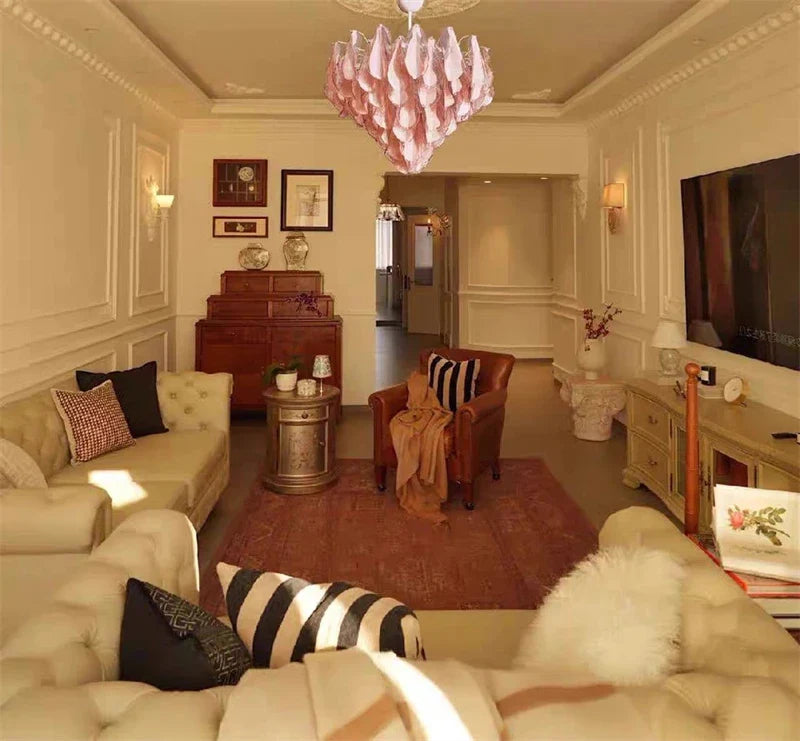 Afralia™ Pink Green Petal Crystal Glass Chandelier for Home Decor