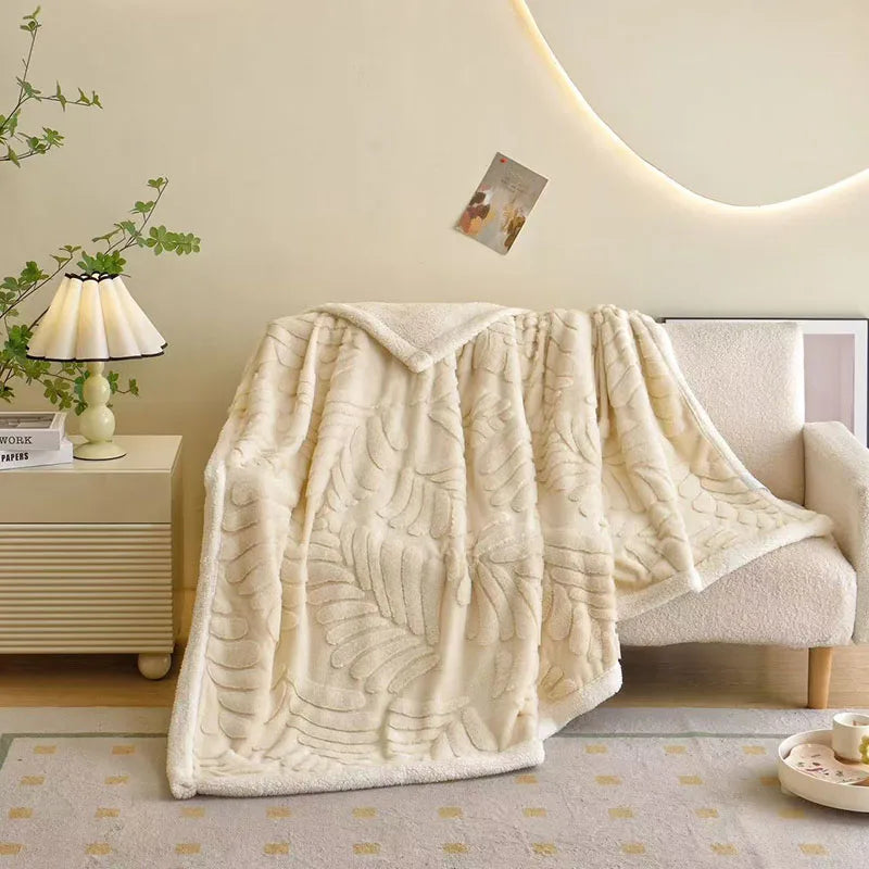 Afralia™ Banana Leaf Jacquard Faux Rabbit Fur Double Layer Lamb Bedspread