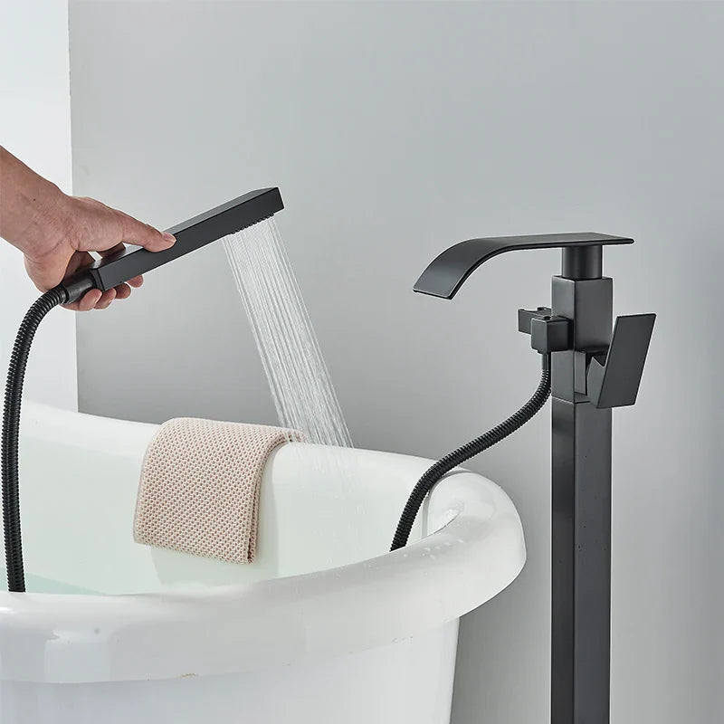 Afralia™ Matte Black Floor Standing Bathtub Faucet Shower Mixer Tap Waterfall Style