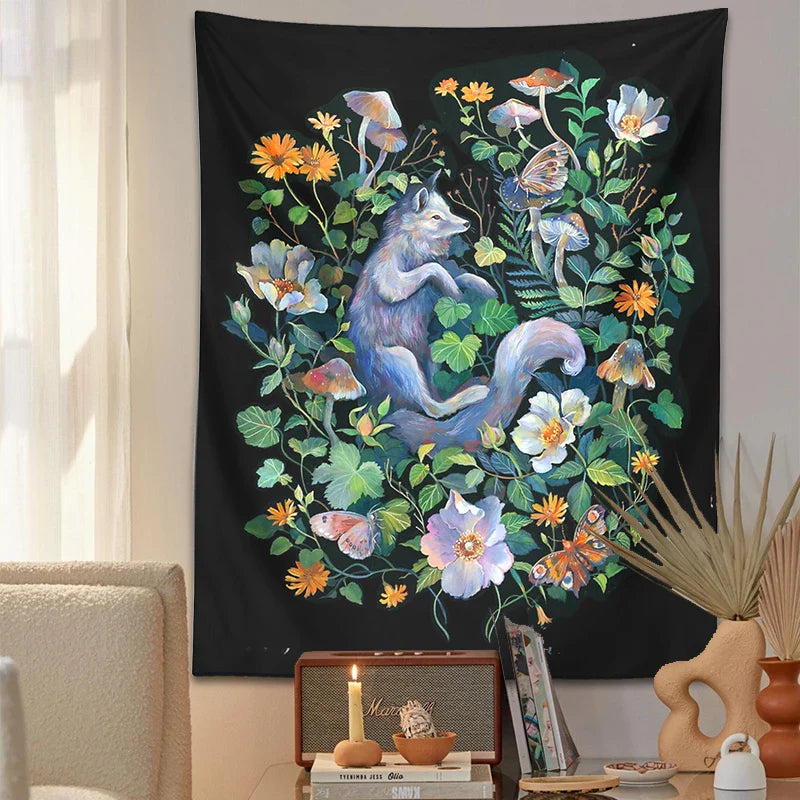 Afralia™ Botanical Floral Garden Tapestry Wall Hanging Fox Wildflower Hippie Psychedelic Home Decor