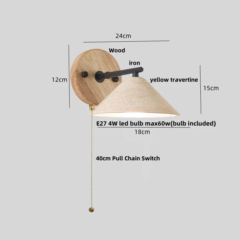 Afralia™ LED Yellow Travertine Wall Light with Wood Pull Chain Switch and Iron Frame