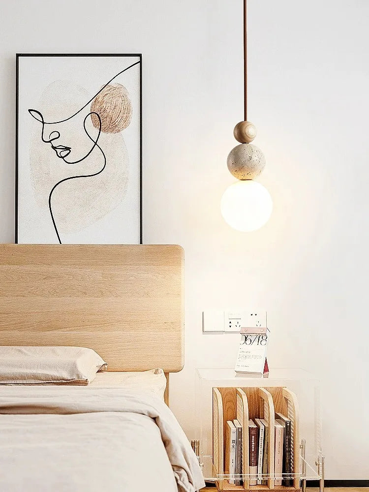 Afralia™ Cream Style LED Pendant Lamp for Bedroom, Stone Wood Design