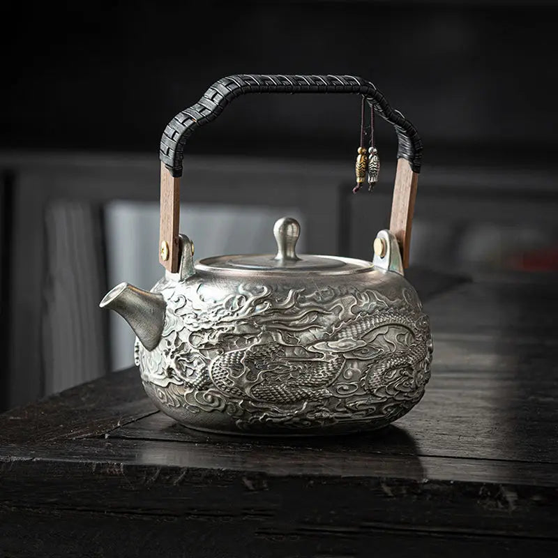 Afralia™ Longteng World Kung Fu Tea Set with Silver Pot, Vintage Year of the Loong Theme.